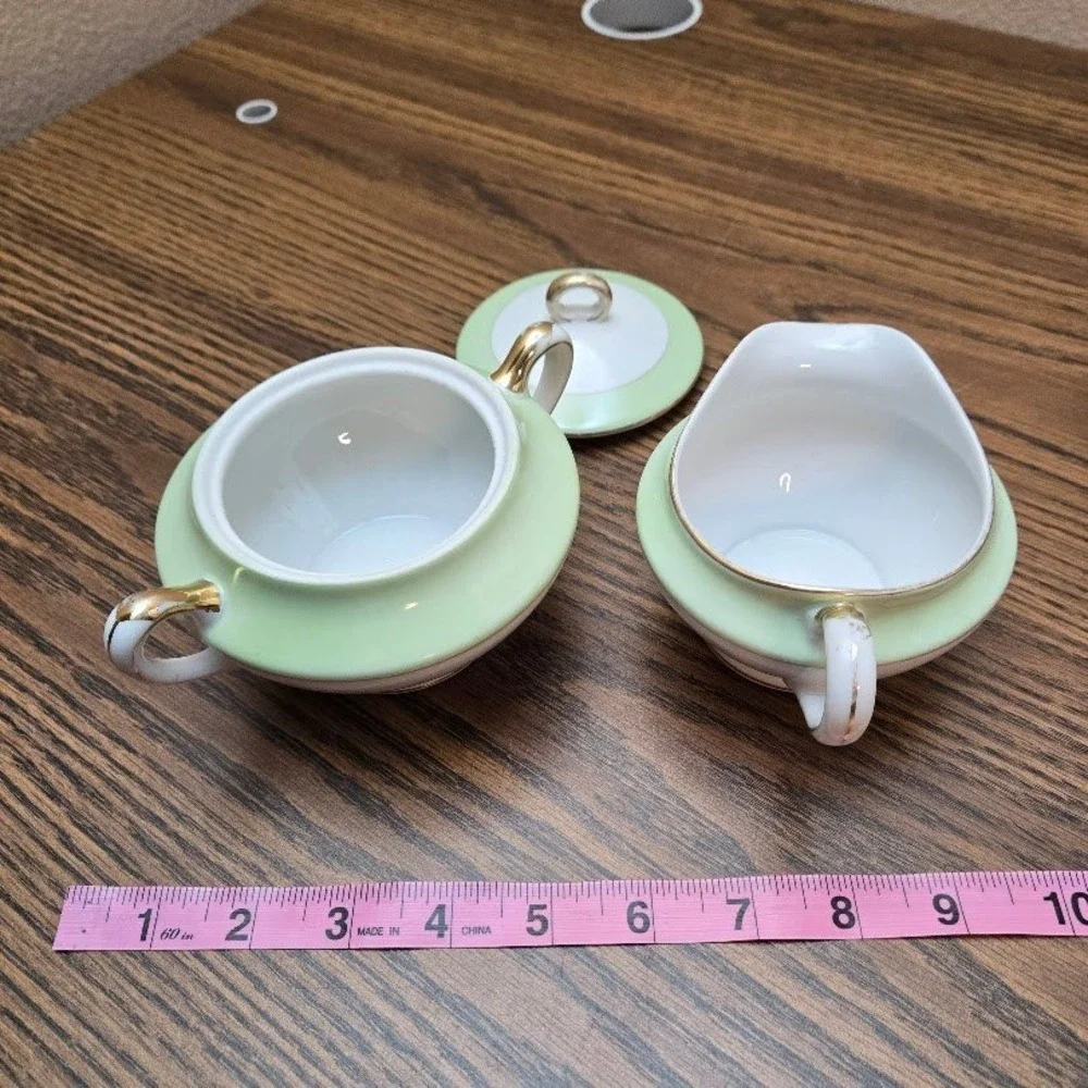 Vintage Nippon Hand Painted Sugar Bowl Creamer Set White-Pale‎ Green-Gold Trim